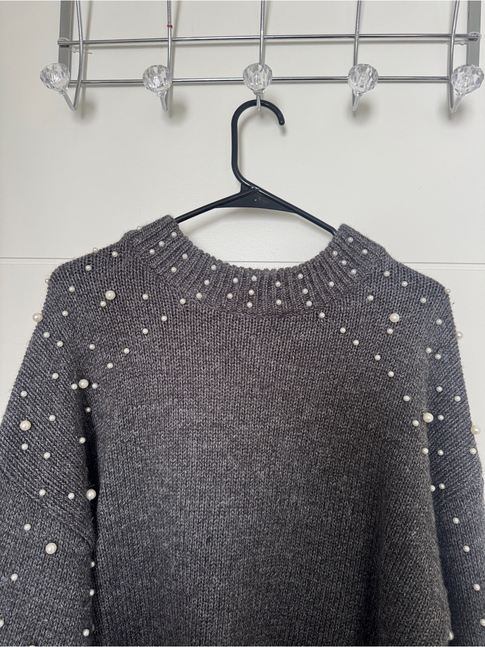 Pearl-Embellished Gray Women's Sweater